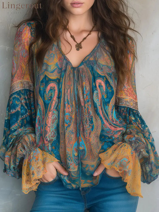 Bohemian Teal & Amber Paisley Chiffon Blouse With Ruffled Cuffs - Teal / XS