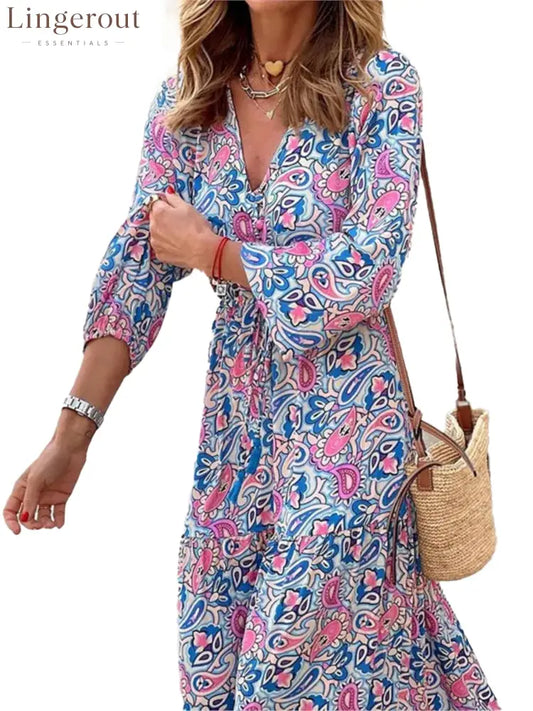 Bohemian V-Neck Autumn Dress For Fall Fashion