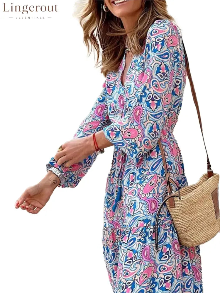 Bohemian V-Neck Autumn Dress For Fall Fashion