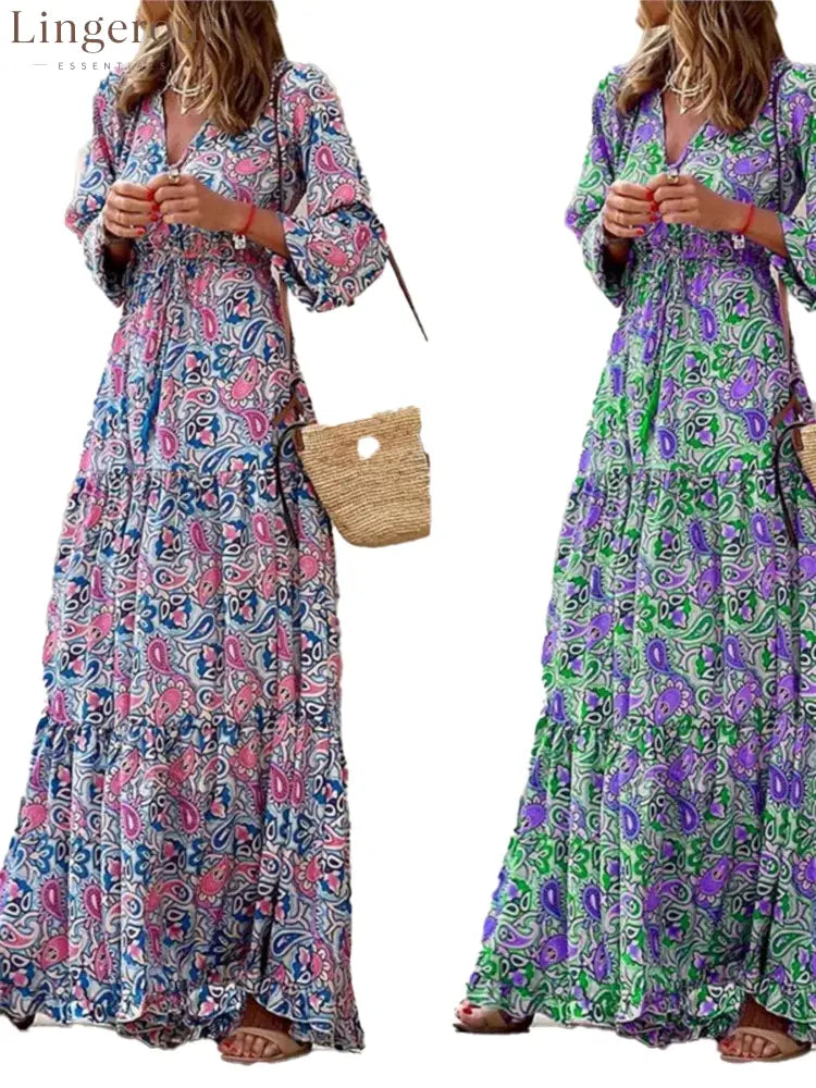 Bohemian V-Neck Autumn Dress For Fall Fashion