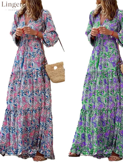 Bohemian V-Neck Autumn Dress For Fall Fashion