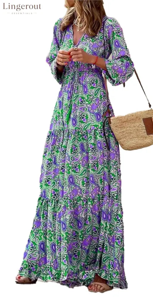 Bohemian V-Neck Autumn Dress For Fall Fashion - green / XL