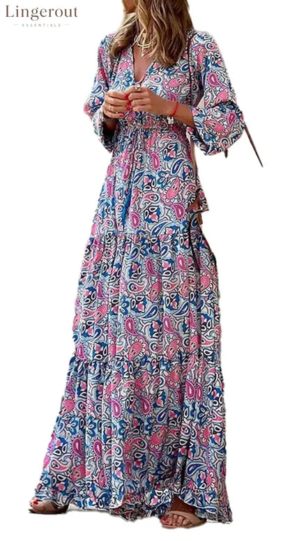 Bohemian V-Neck Autumn Dress For Fall Fashion - rose red / XS