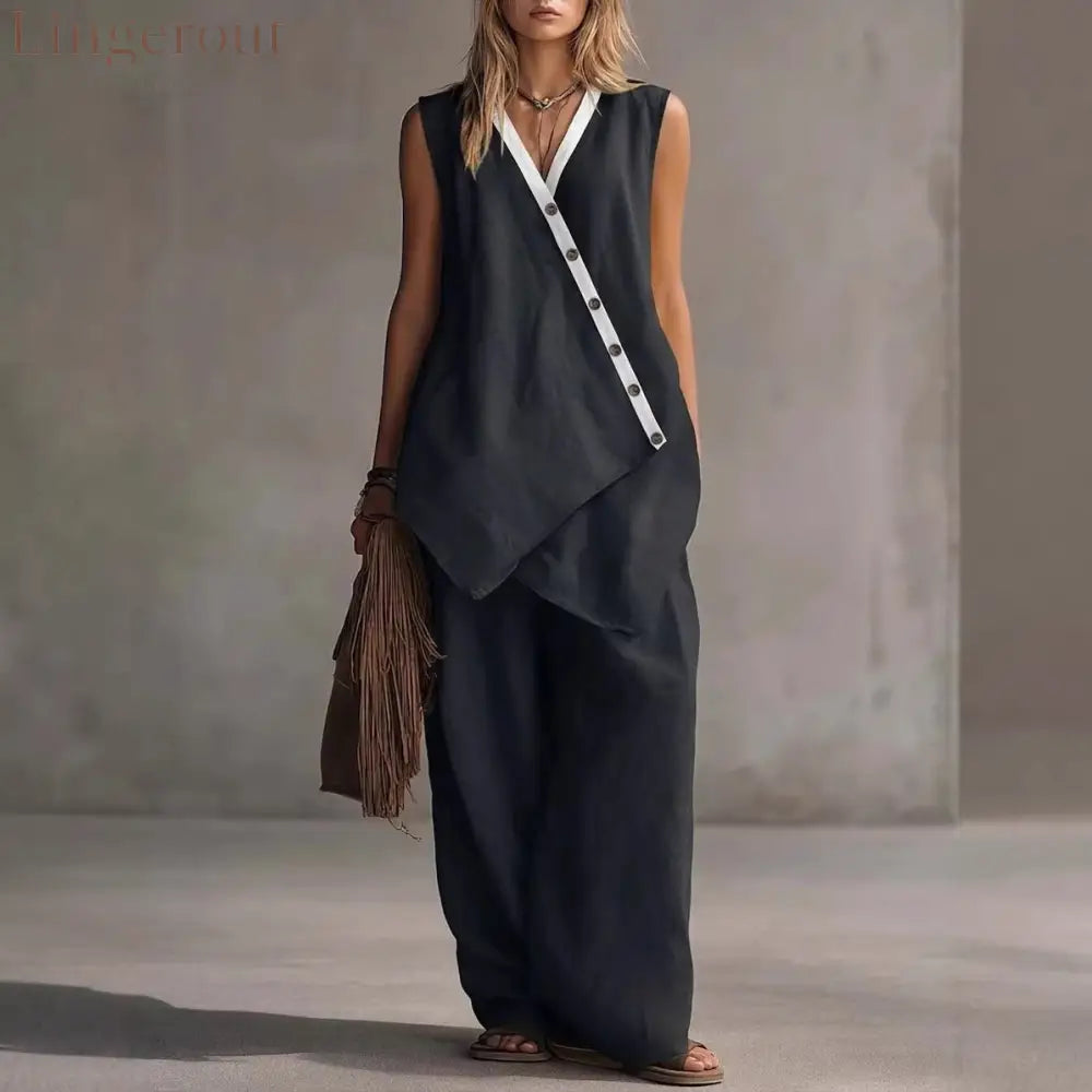 Bohemian V-Neck Irregular Button Vest Wide-Leg Pants Casual Suit - Black / S