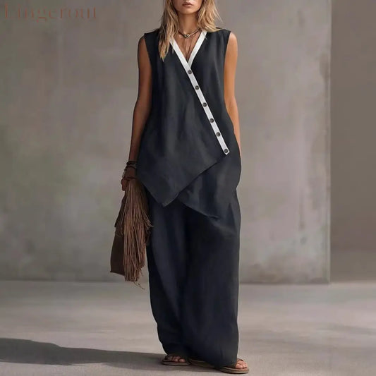 Bohemian V-Neck Irregular Button Vest Wide-Leg Pants Casual Suit - Black / S