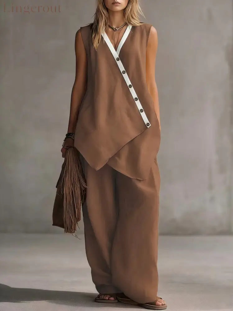 Bohemian V-Neck Irregular Button Vest Wide-Leg Pants Casual Suit - Caramel color / S