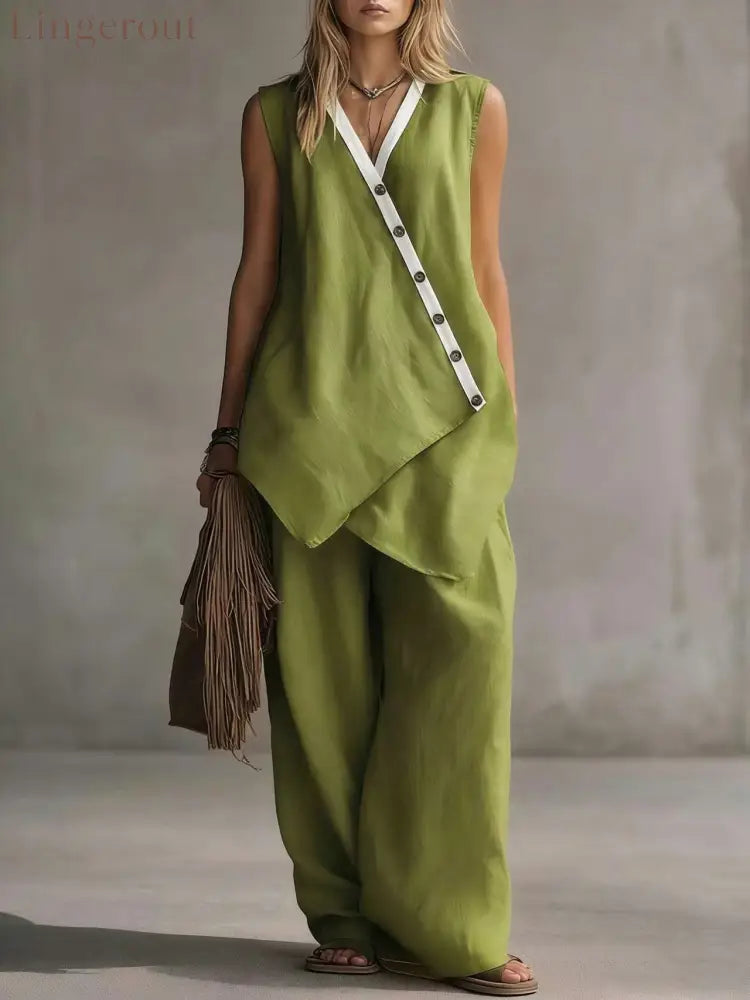 Bohemian V-Neck Irregular Button Vest Wide-Leg Pants Casual Suit - Matcha color / S