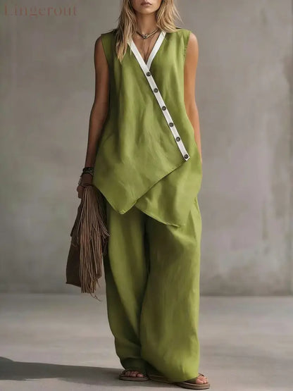 Bohemian V-Neck Irregular Button Vest Wide-Leg Pants Casual Suit - Matcha color / S