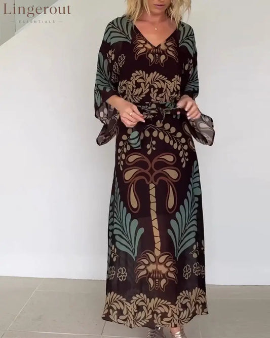 Bohemian V-Neck Loose Dress - Coffee / S