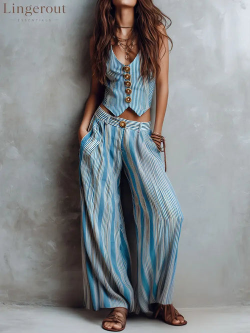 Boho Blue Striped Vest & Wide-Leg Pant Set - Blue / XS