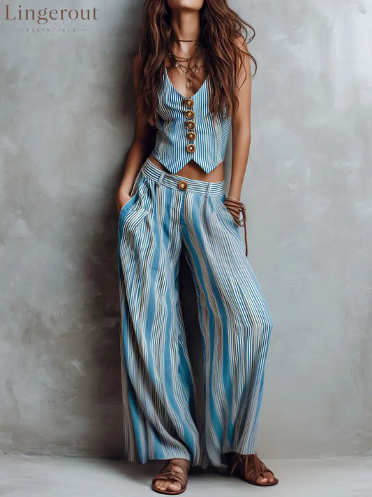Boho Blue Striped Vest & Wide-Leg Pant Set - Blue / XS