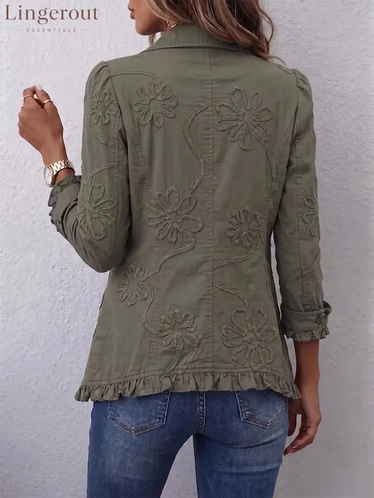 Boho-chic Floral Embroidered Utility Ruffled Trim Jacket