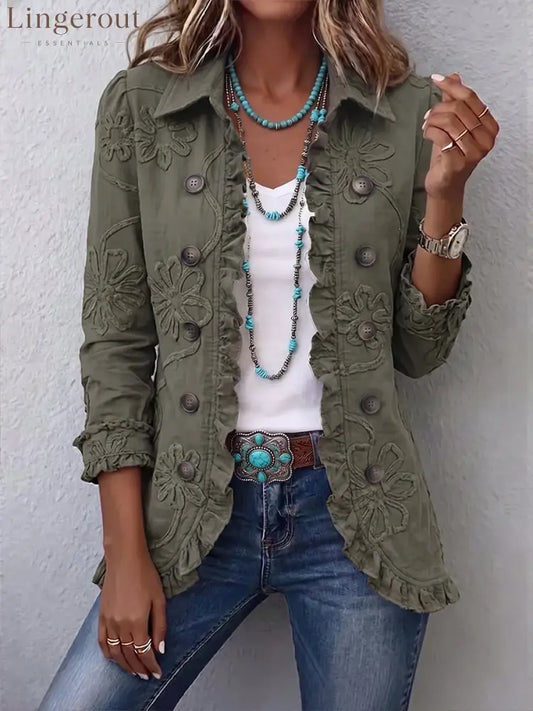 Boho-chic Floral Embroidered Utility Ruffled Trim Jacket - RetroGreen / S
