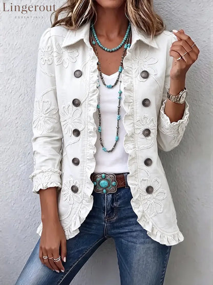 Boho-chic Floral Embroidered Utility Ruffled Trim Jacket - White / S