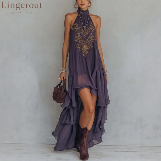 Boho Embroidered High-Low Halter Maxi Dress