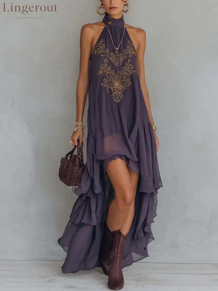 Boho Embroidered High-Low Halter Maxi Dress - Deep purple / S