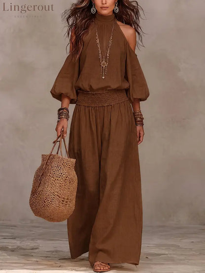 Boho Halter Two Piece Matching Set - Brown / S