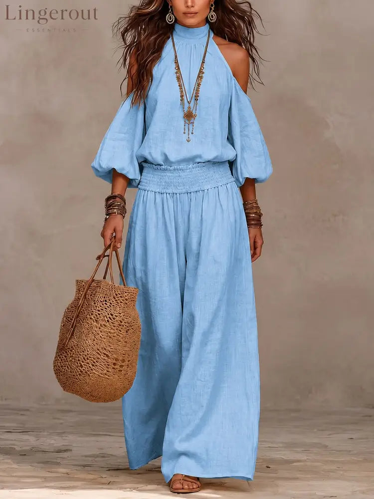 Boho Halter Two Piece Matching Set - Light blue / S
