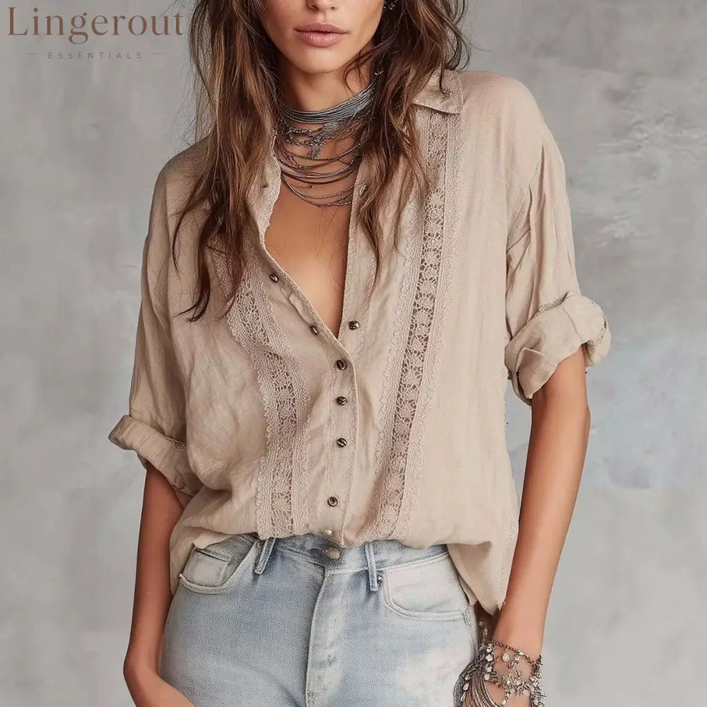 Boho Hollow Lace Collared Shirt