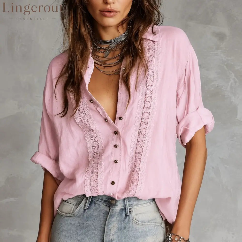 Boho Hollow Lace Collared Shirt - Pink / L