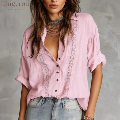 Boho Hollow Lace Collared Shirt - Pink / L