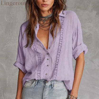Boho Hollow Lace Collared Shirt - Purple / XXL