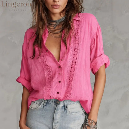 Boho Hollow Lace Collared Shirt - Rose red / S