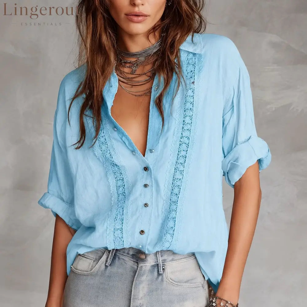Boho Hollow Lace Collared Shirt - Sky blue / XL