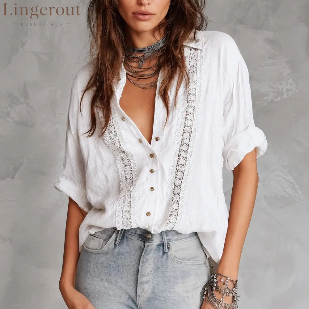 Boho Hollow Lace Collared Shirt - White / XXL