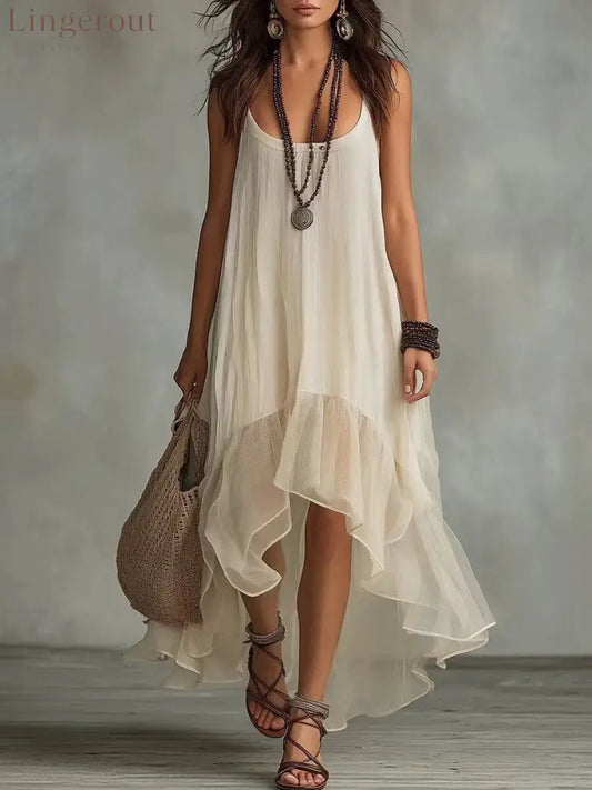 Boho Irregular Ruffle Hem Sleeveless Chiffon Maxi Dress - Apricot / S
