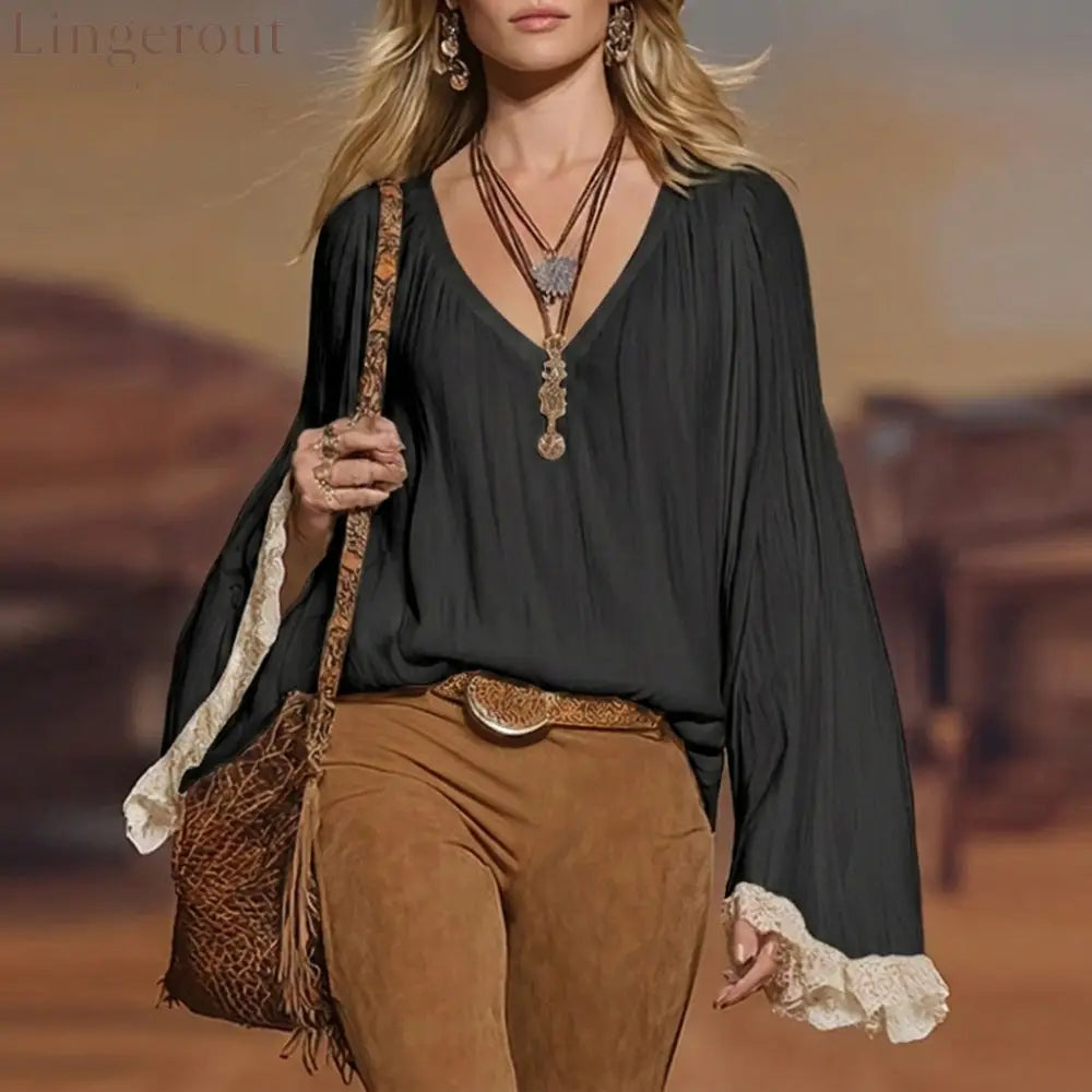 European And American Cross-Border 2026 New Autumn Women’S Shirts Bohemian V-Neck Lace Loose Long-Sleeved Tops