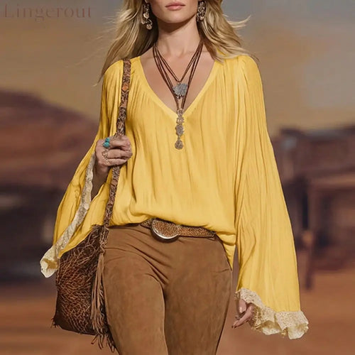European And American Cross-Border 2026 New Autumn Women’S Shirts Bohemian V-Neck Lace Loose Long-Sleeved Tops