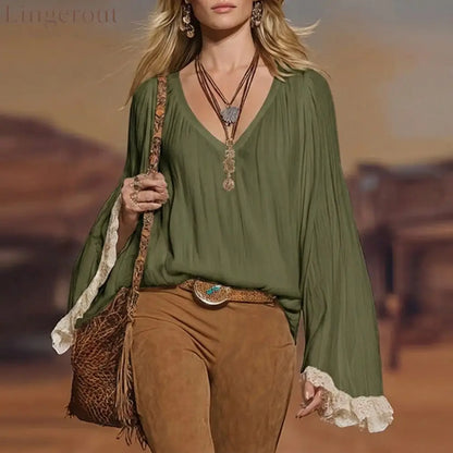 European And American Cross-Border 2026 New Autumn Women’S Shirts Bohemian V-Neck Lace Loose Long-Sleeved Tops - Army