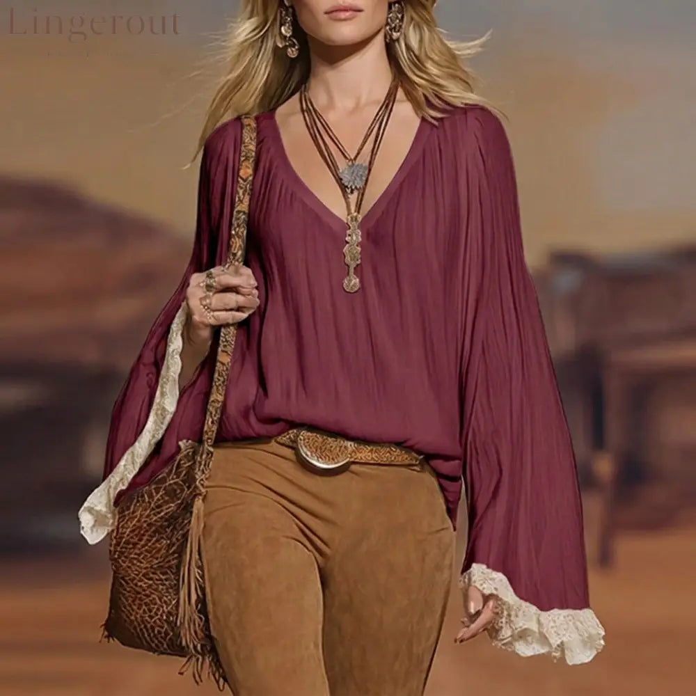 European And American Cross-Border 2026 New Autumn Women’S Shirts Bohemian V-Neck Lace Loose Long-Sleeved Tops - Claret