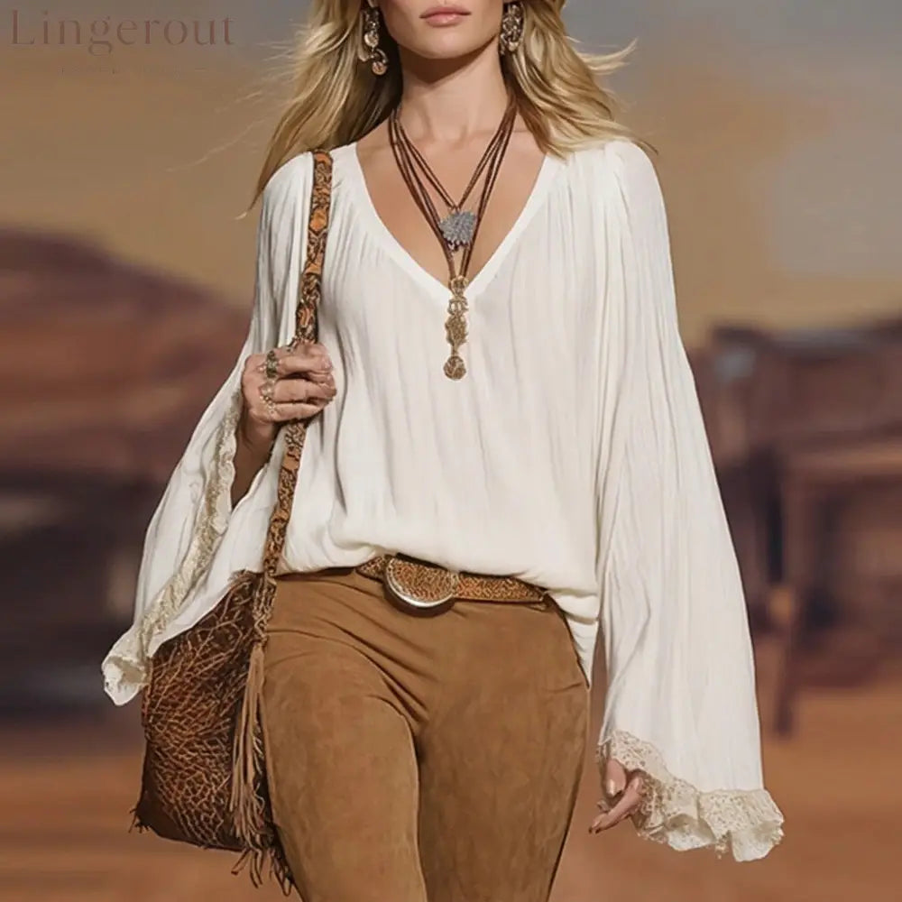 European And American Cross-Border 2026 New Autumn Women’S Shirts Bohemian V-Neck Lace Loose Long-Sleeved Tops - Off