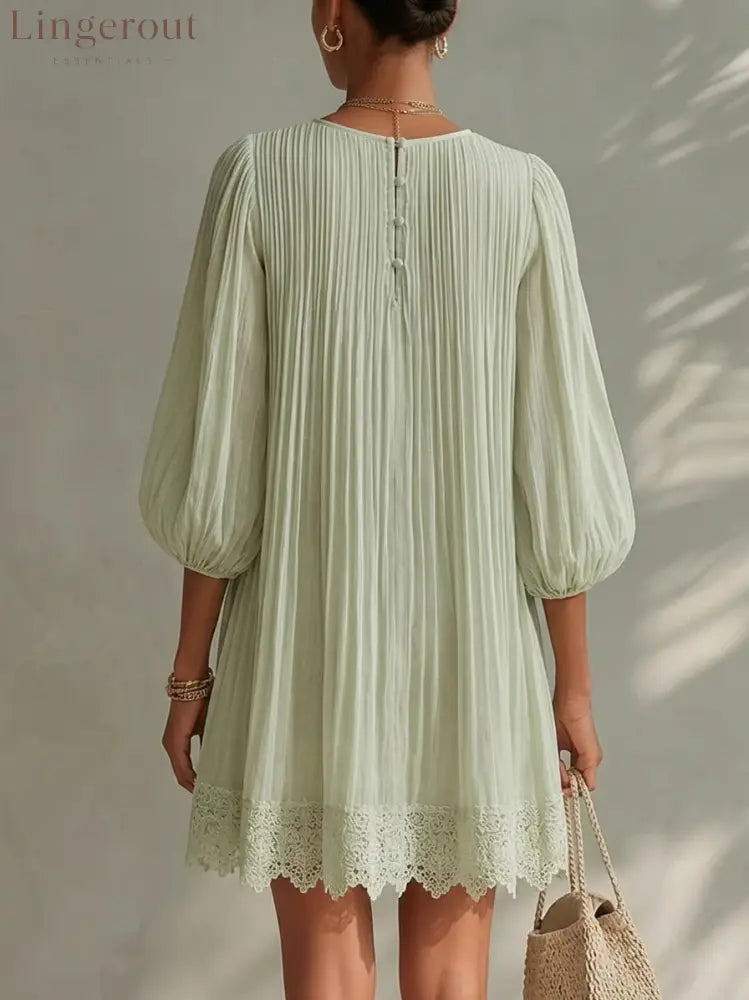Boho Lace Trim Mini Dress Women V‑Neck Balloon Sleeve Loose Vacation Dress