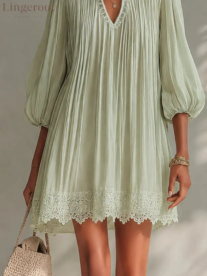 Boho Lace Trim Mini Dress Women V‑Neck Balloon Sleeve Loose Vacation Dress