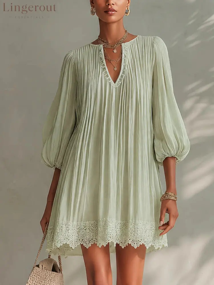 Boho Lace Trim Mini Dress Women V‑Neck Balloon Sleeve Loose Vacation Dress - Green / S