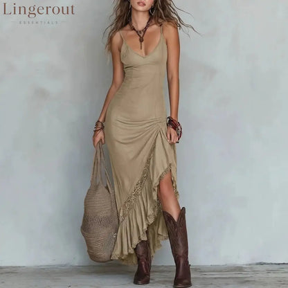 Boho Lace Trim Ruched Slit Maxi Cami Dress