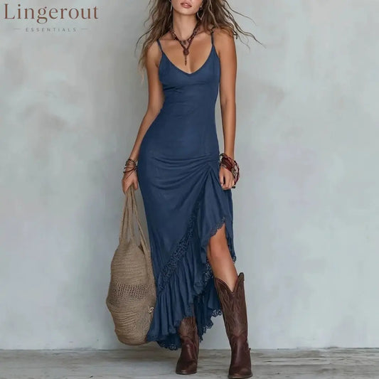 Boho Lace Trim Ruched Slit Maxi Cami Dress