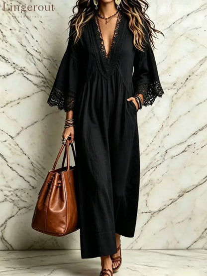 Boho Lace V‑Neck Maxi Dress Women Loose 3/4 Sleeve Beach Vacation Long Gown