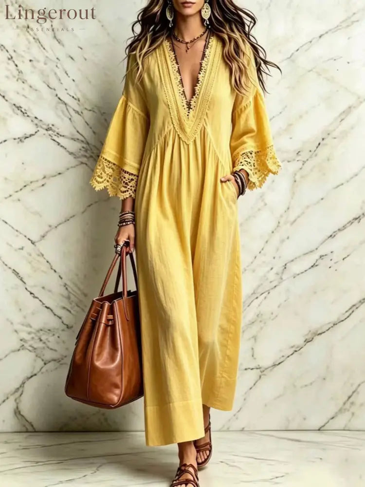 Boho Lace V‑Neck Maxi Dress Women Loose 3/4 Sleeve Beach Vacation Long Gown