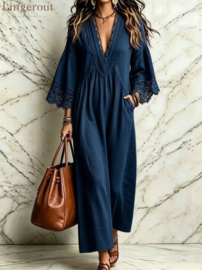 Boho Lace V‑Neck Maxi Dress Women Loose 3/4 Sleeve Beach Vacation Long Gown