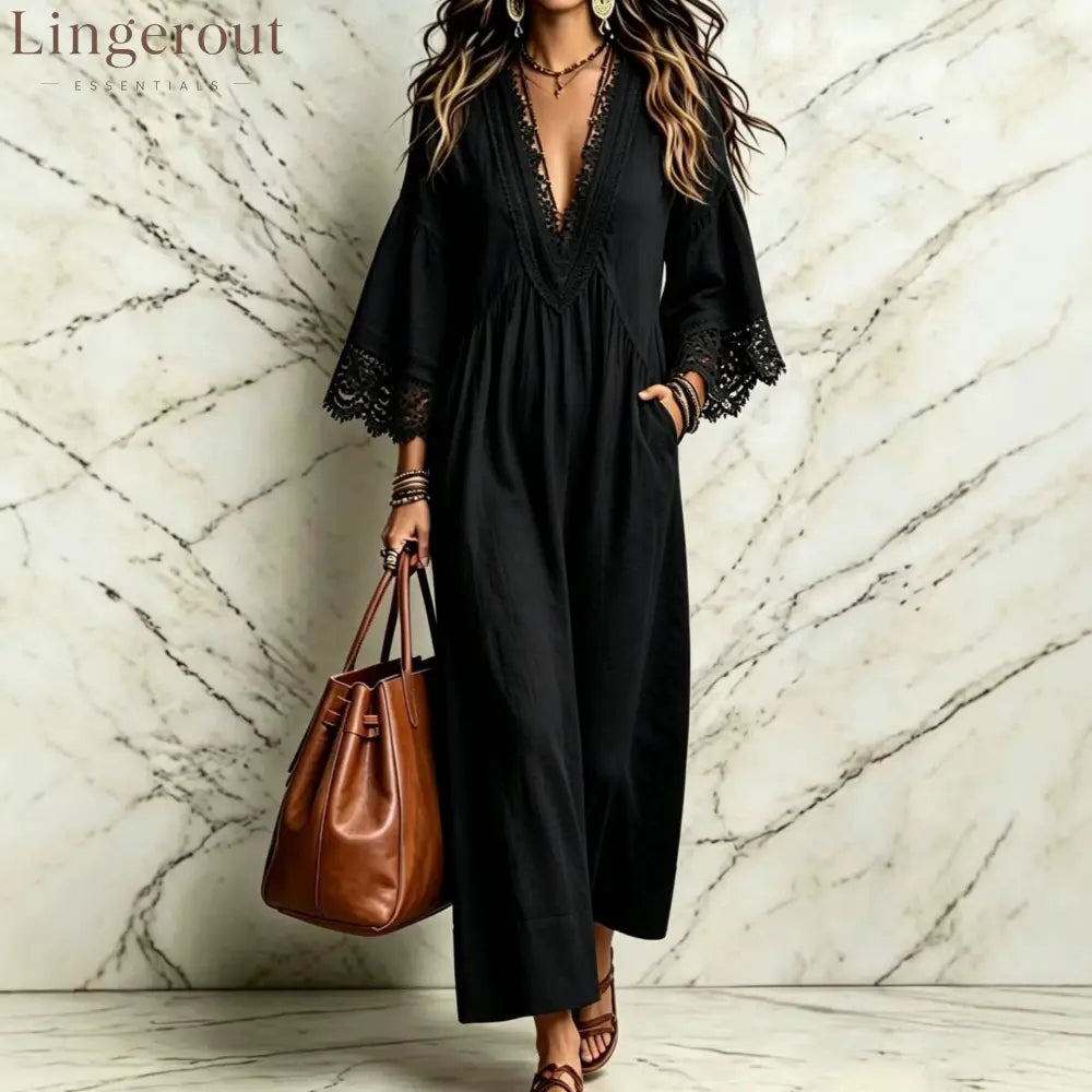 Boho Lace V‑Neck Maxi Dress Women Loose 3/4 Sleeve Beach Vacation Long Gown - Black / S