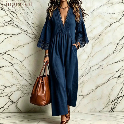 Boho Lace V‑Neck Maxi Dress Women Loose 3/4 Sleeve Beach Vacation Long Gown - Dark Blue / S