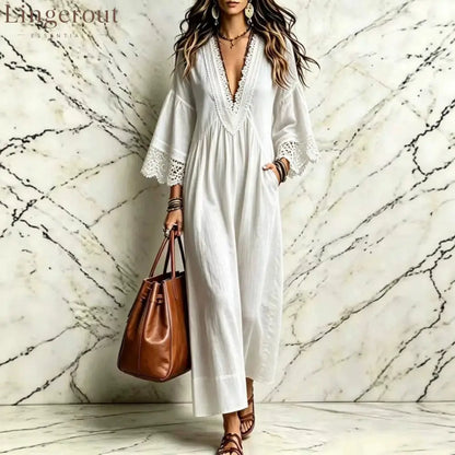 Boho Lace V‑Neck Maxi Dress Women Loose 3/4 Sleeve Beach Vacation Long Gown - White / S
