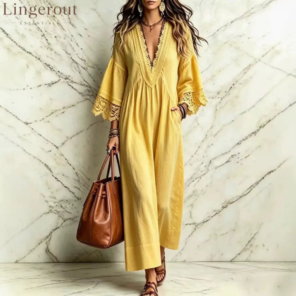 Boho Lace V‑Neck Maxi Dress Women Loose 3/4 Sleeve Beach Vacation Long Gown - Yellow / S