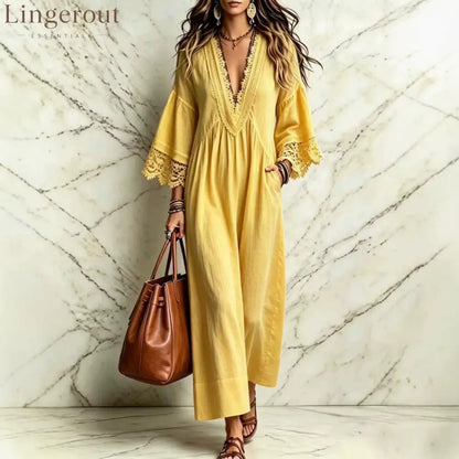 Boho Lace V‑Neck Maxi Dress Women Loose 3/4 Sleeve Beach Vacation Long Gown - Yellow / S