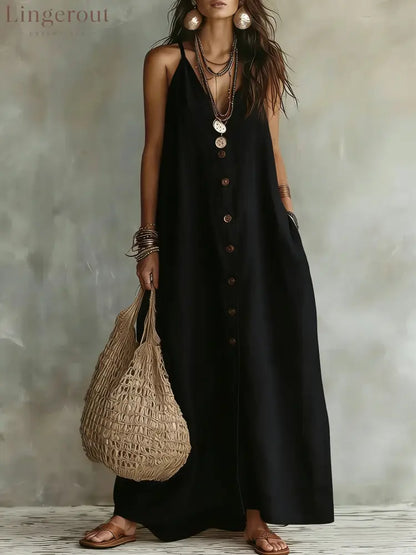 🌿 Boho Linen Maxi Dress: Effortless Summer Style - Black / S