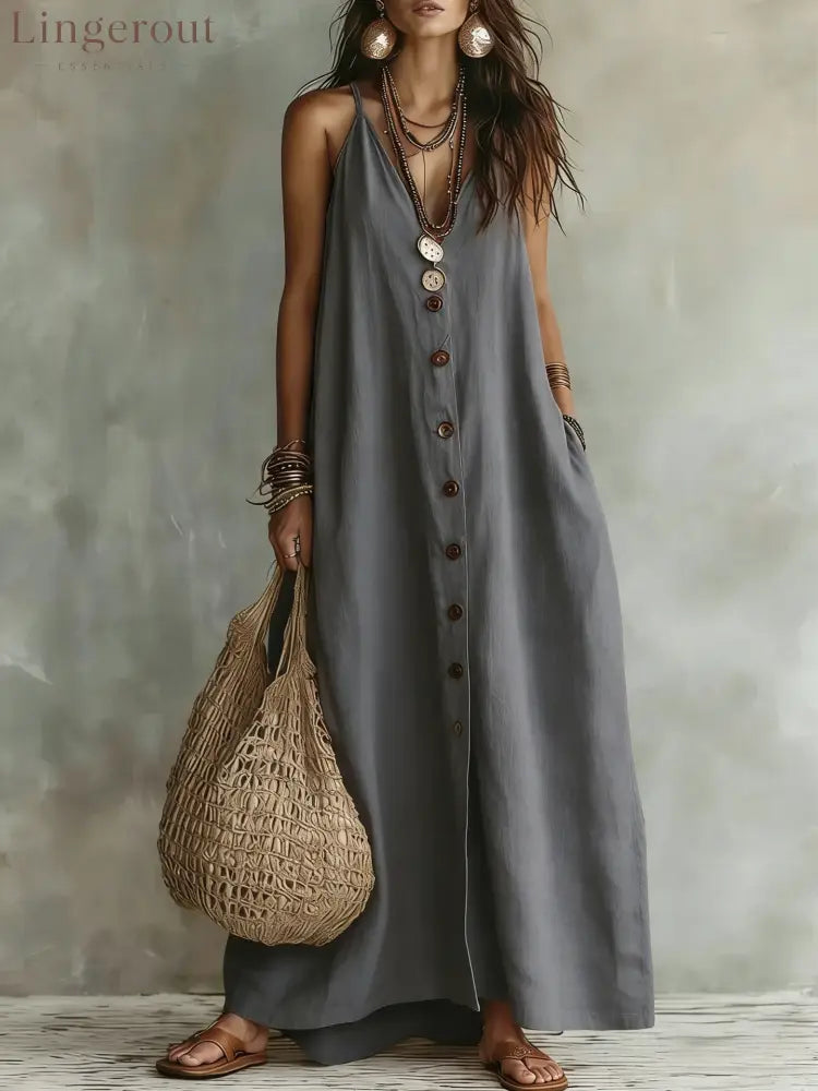 🌿 Boho Linen Maxi Dress: Effortless Summer Style - Gray / S